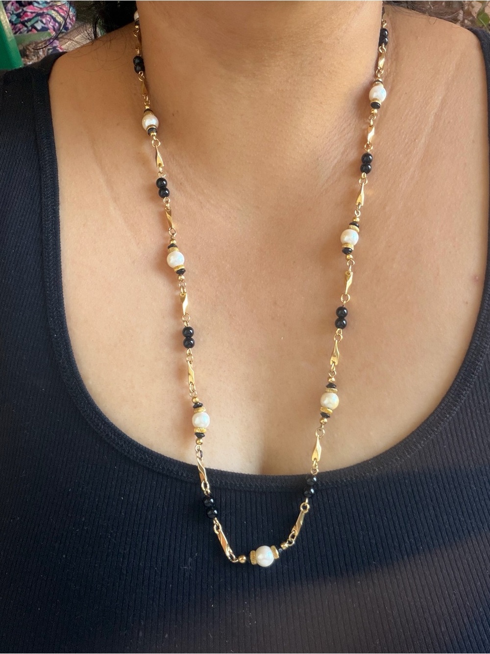 Gold Pearl and Black Bead Long Necklace